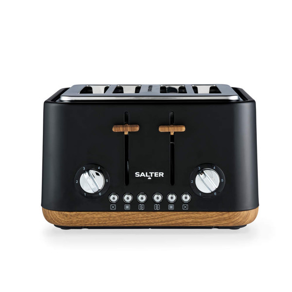 Black four-slice toaster with wood effect, front view, Salter brand