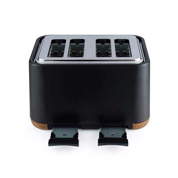 Black four-slice toaster with wood effect accents, shown from the front.
