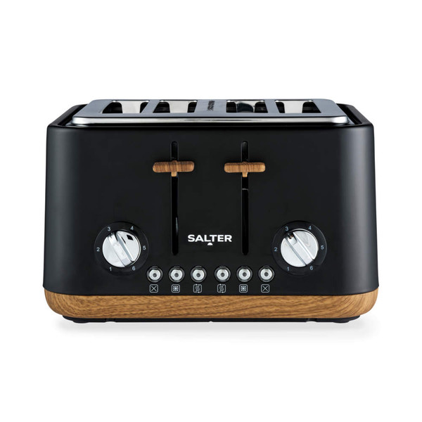 Black four-slice toaster with wood effect, front view, Salter brand