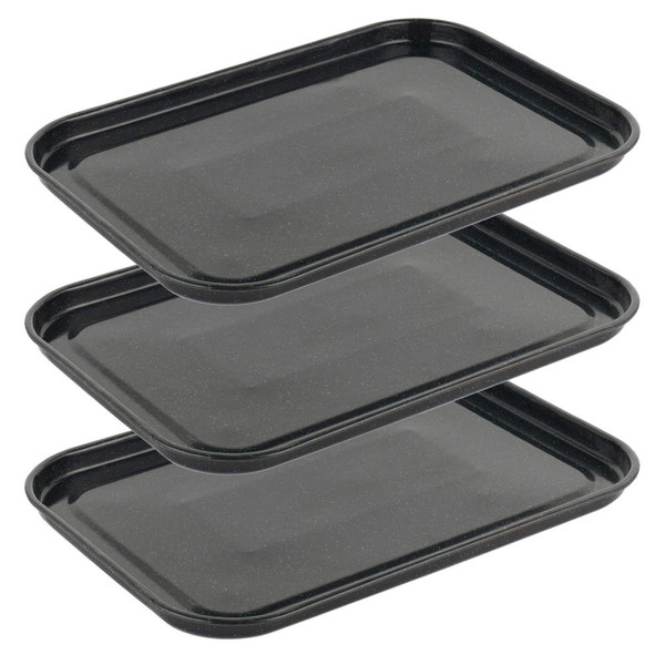 Set of three black rectangular serving trays with speckled finish, stacked side by side