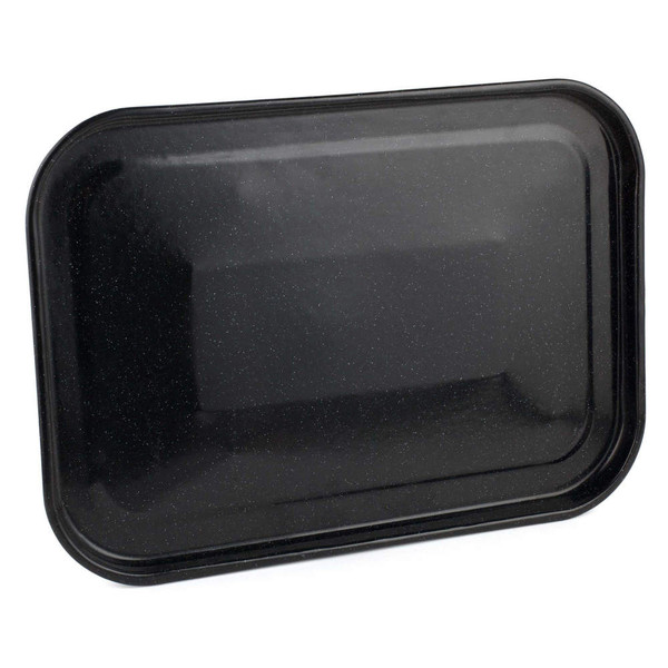 Black rectangular oven tray with raised edge, shown angled on white background