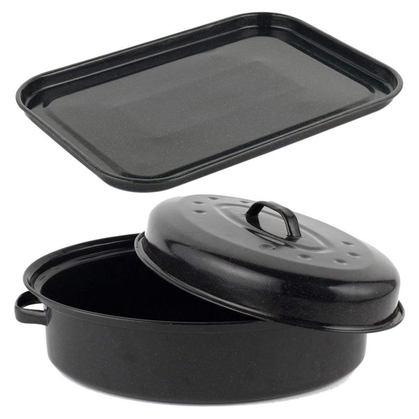 Black oval roasting tin with lid and matching black enamel baking tray
