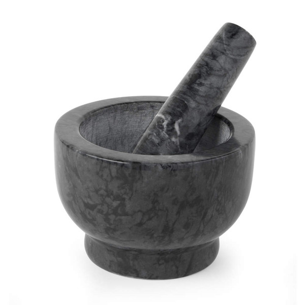 Grey marble pestle and mortar for grinding spices, product image on white background