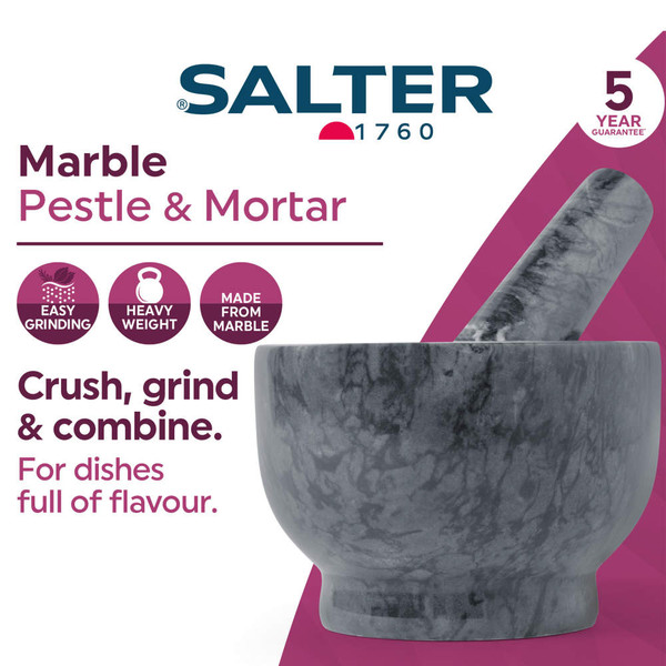 Grey marble pestle and mortar for easy grinding, shown with Salter brand and 5 year guarantee banner