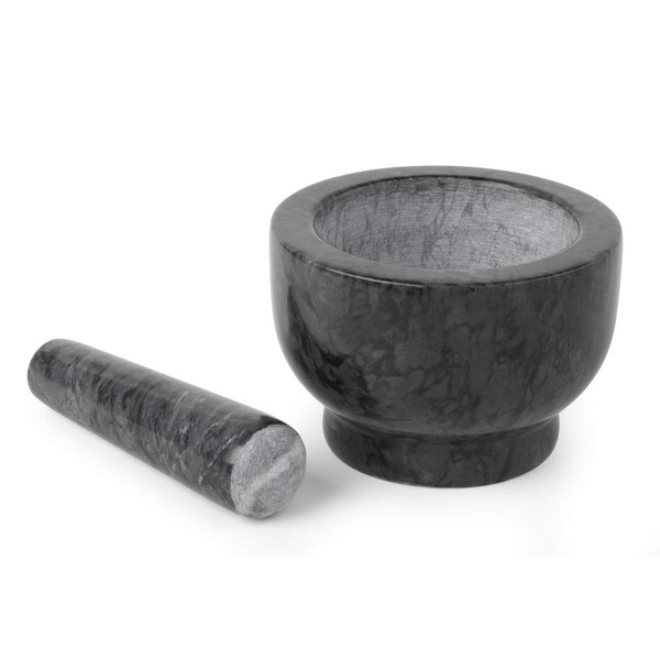 Grey marble pestle and mortar set for grinding spices, shown on white background