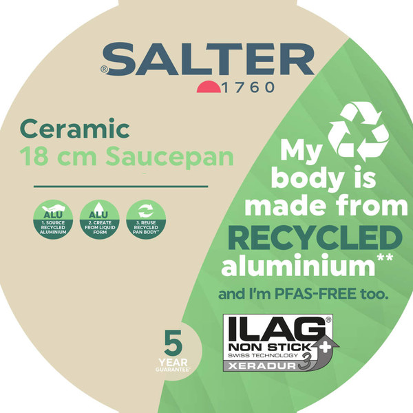 Banner: Ceramic 18 cm saucepan made with recycled aluminium, PFAS-free, 5-year guarantee.