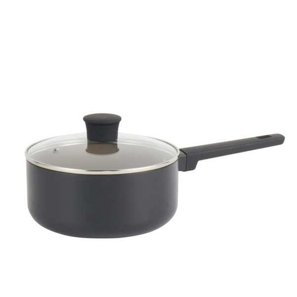 Black non-stick saucepan with glass lid and long handle, side view