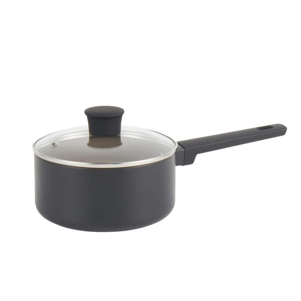 Non-stick black saucepan with glass lid and long handle, shown from side