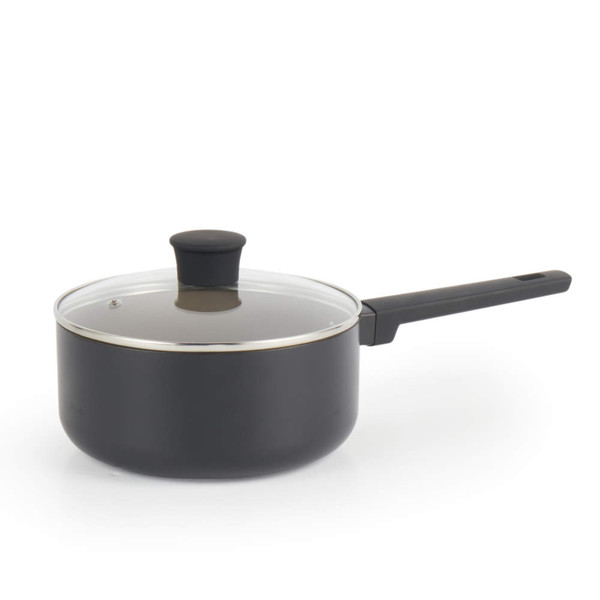 Black saucepan with glass lid and long handle