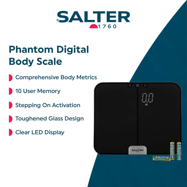 Black Salter Phantom digital body scale with LED display, toughened glass and included batteries.