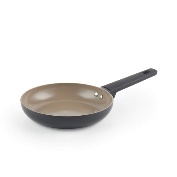 Non-stick frying pan with brown interior and black handle, shown at an angle