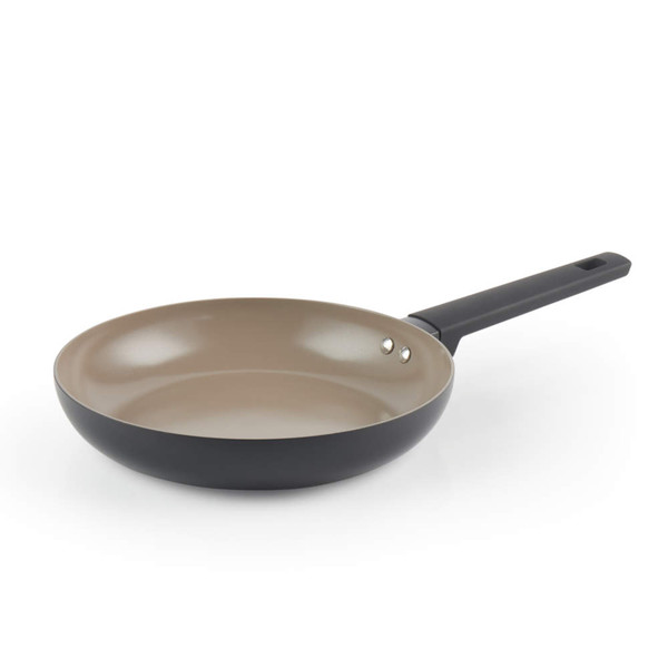 Brown non-stick frying pan with black handle, angled side view
