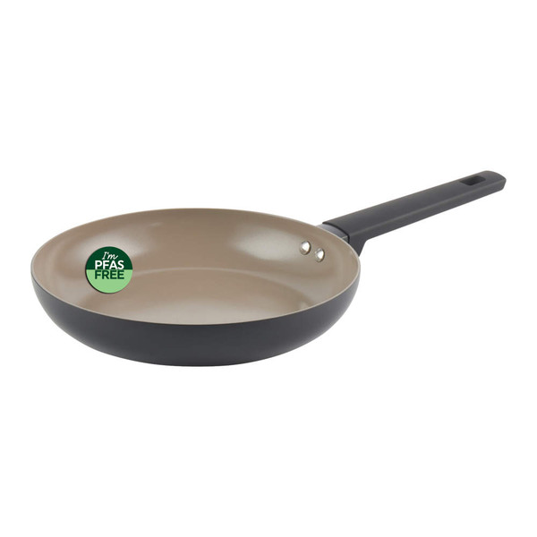Non-stick frying pan, brown interior, black handle, PFAS free label