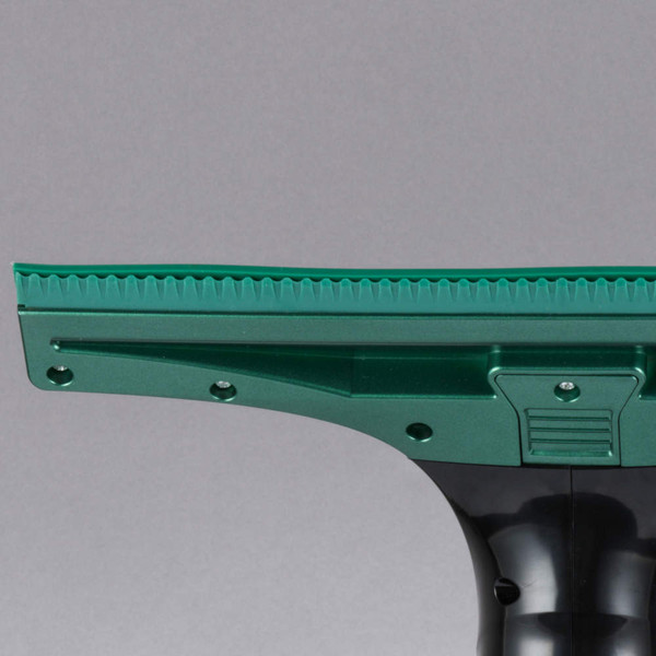 Green handheld window squeegee with serrated rubber blade shown on grey background