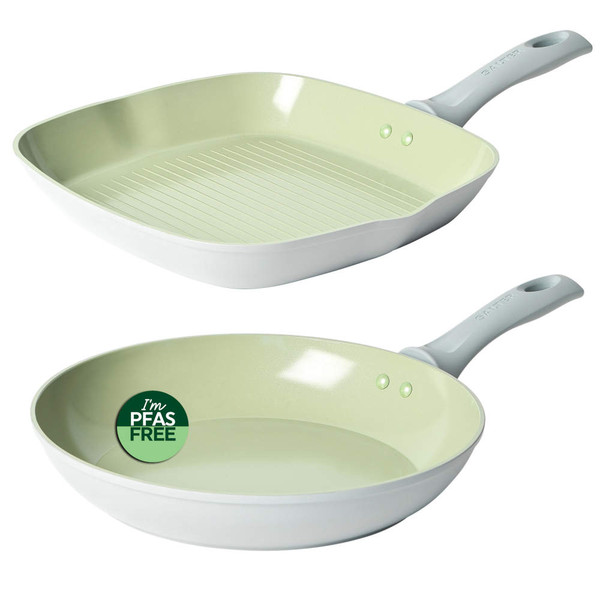 Set of two ceramic non-stick frying pans, one round, one square, light green, PFAS free.