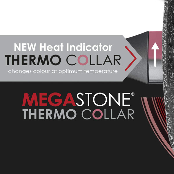 Banner: Megastone Thermo Collar frying pan with heat indicator that changes colour at optimum temperature