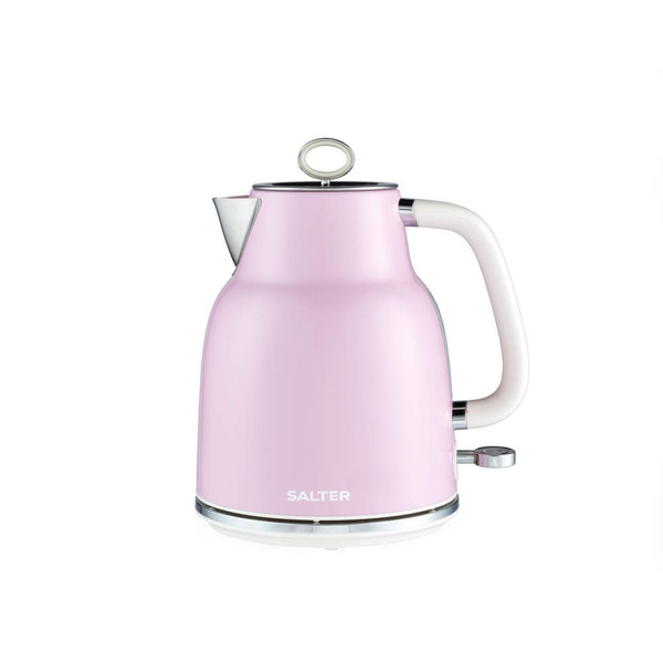 Pink electric kettle with white handle, shown upright on white background