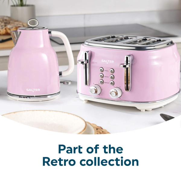 Pink retro kettle and four-slice toaster set on kitchen worktop