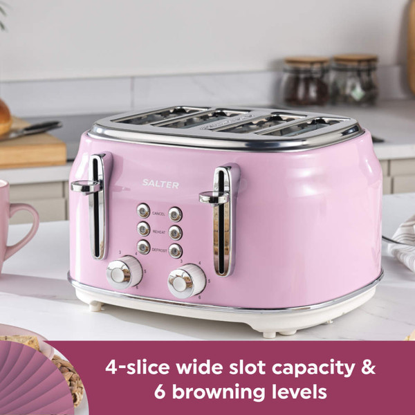 Pink 4-slice toaster with chrome controls, shown from above