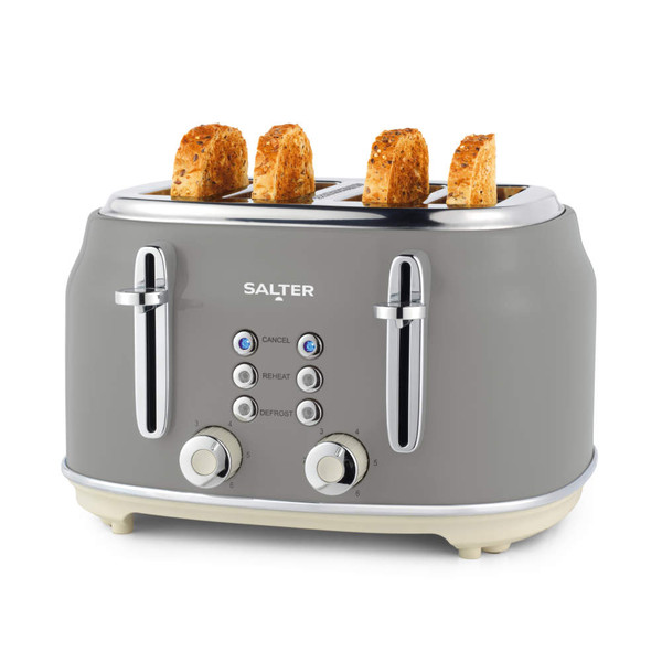Grey four-slice toaster with seeded bread, front view, showing Salter brand and controls