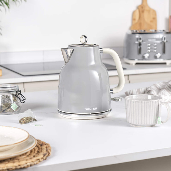 Grey Salter kettle and 4-slice toaster set on kitchen counter with toasted bread