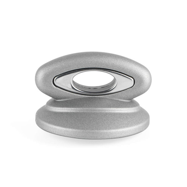 Silver magnetic curtain tieback holder with oval handle, shown from the front