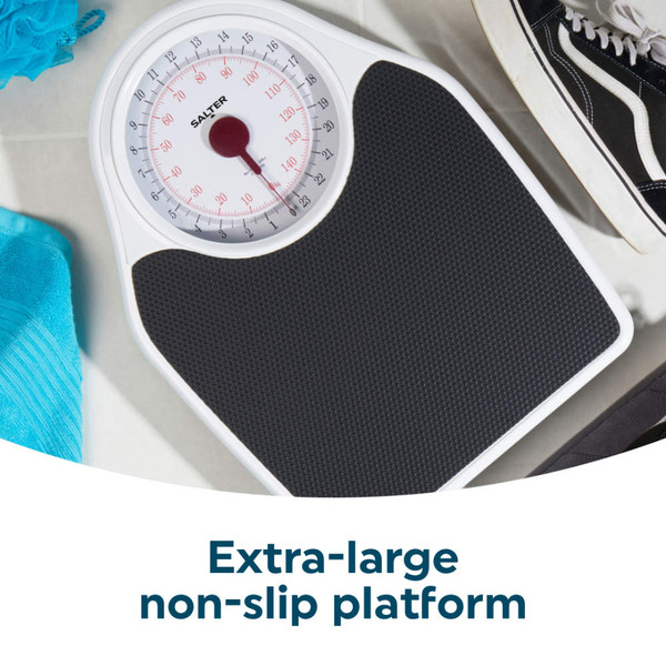 Mechanical bathroom scale with Salter branding, white and black, shown from above
