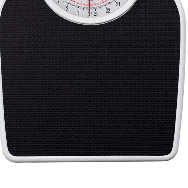 Mechanical bathroom scale with black textured platform and white trim