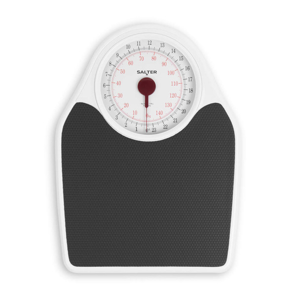 Mechanical bathroom scale with black textured platform, dial display view
