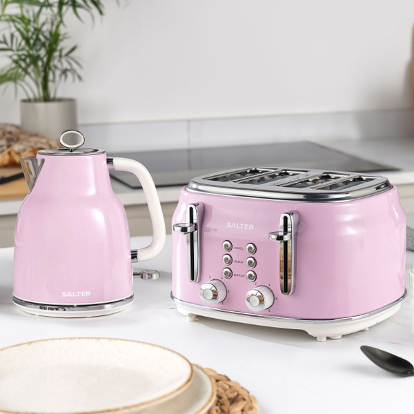 Retro Kettle & 4-Slice Toaster Set - Pink