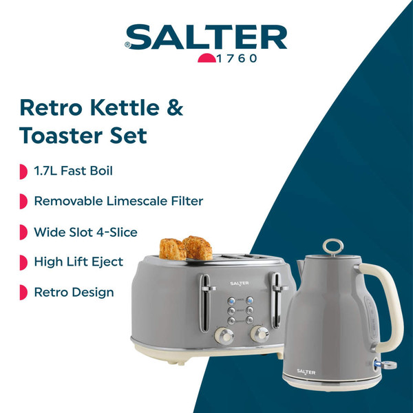 Grey Salter electric kettle, close-up view, shown pouring hot water into mug