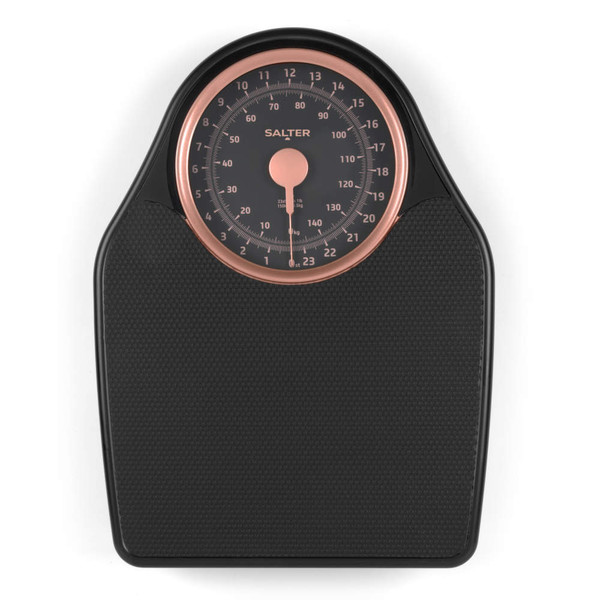 Black analogue mechanical bathroom scale with copper dial, 150kg capacity.