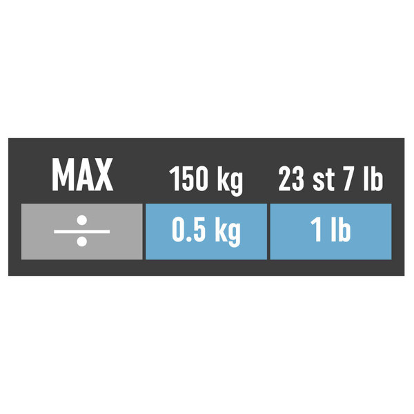 Weight capacity and increments label: max 150 kg, 23 st 7 lb, steps of 0.5 kg or 1 lb