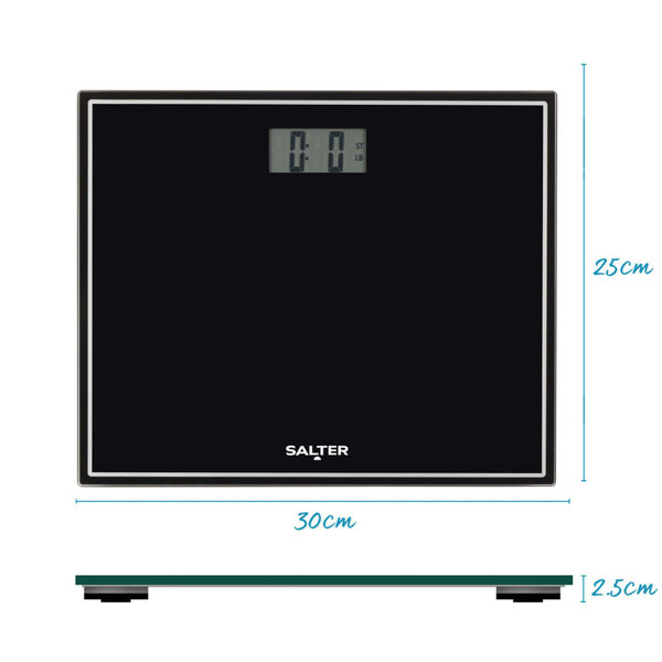 Black digital bathroom scale with LCD display, shown with UK size dimensions