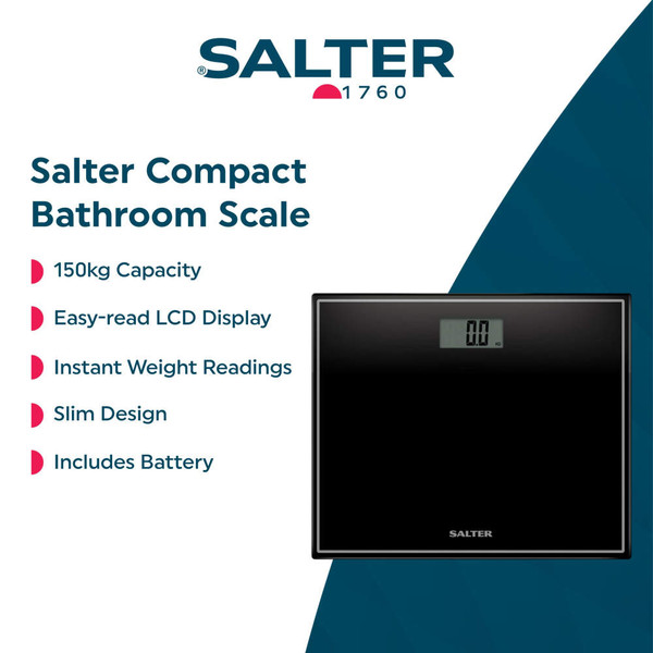 Black Salter digital bathroom scale with display, shown on tiled floor.