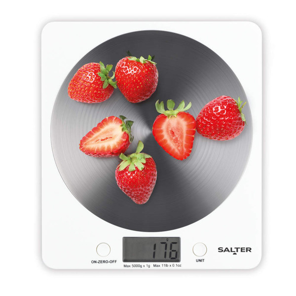 White digital kitchen scale with strawberries on weighing platform, reading 176g