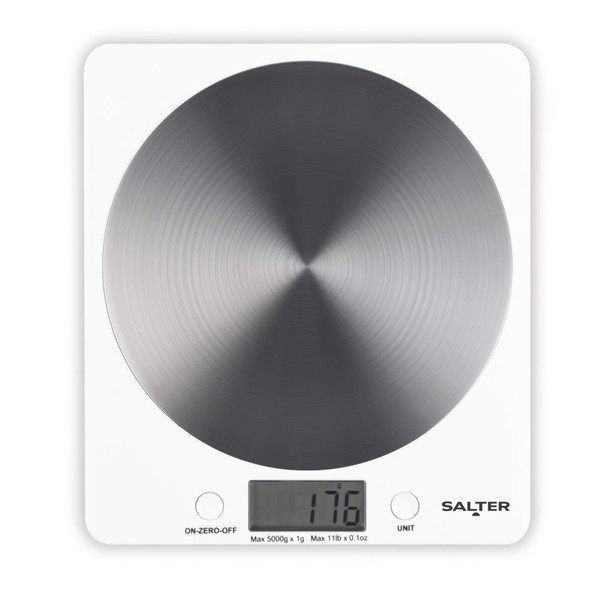 White digital kitchen scale with brushed steel platform and Salter branding