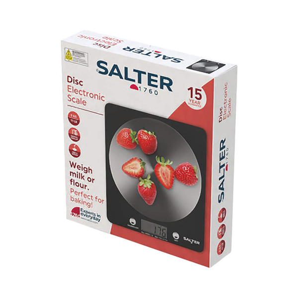 Salter disc electronic kitchen scale in black, retail packaging, angled view