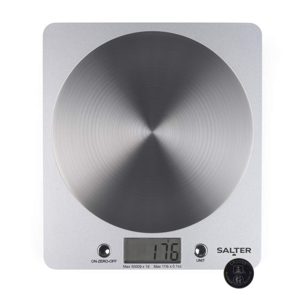 Silver digital kitchen scale with circular stainless steel platform, battery included.
