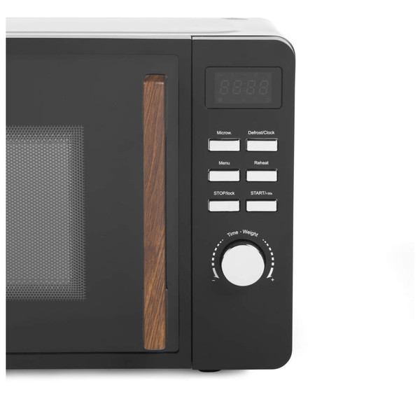 Black microwave with wood effect handle, front view showing control panel and buttons