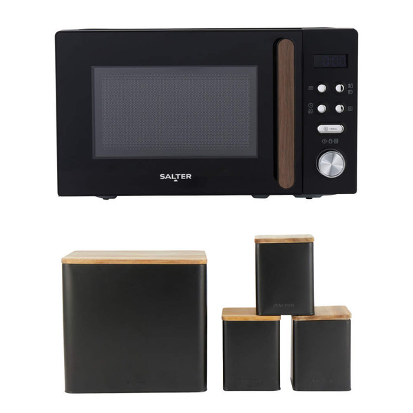 Black Salter microwave and set of three black kitchen storage canisters with wood lids, product listing image