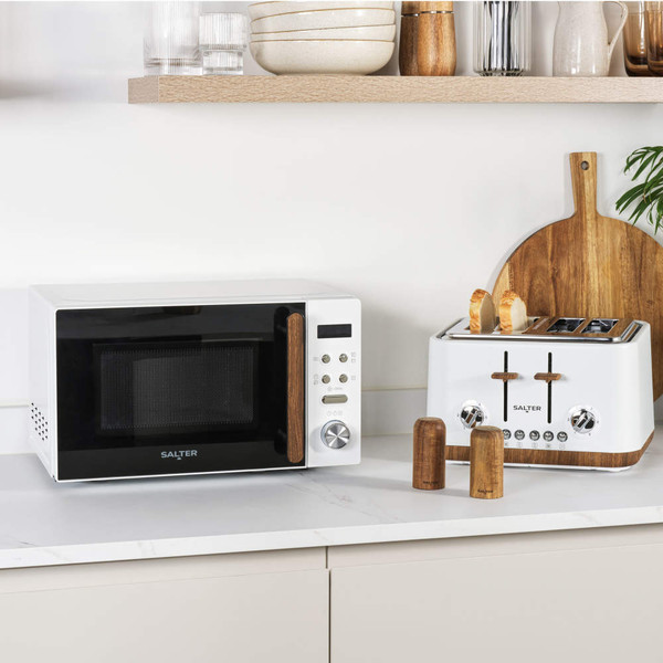White Salter microwave and toaster set with wood accents, kitchen worktop view