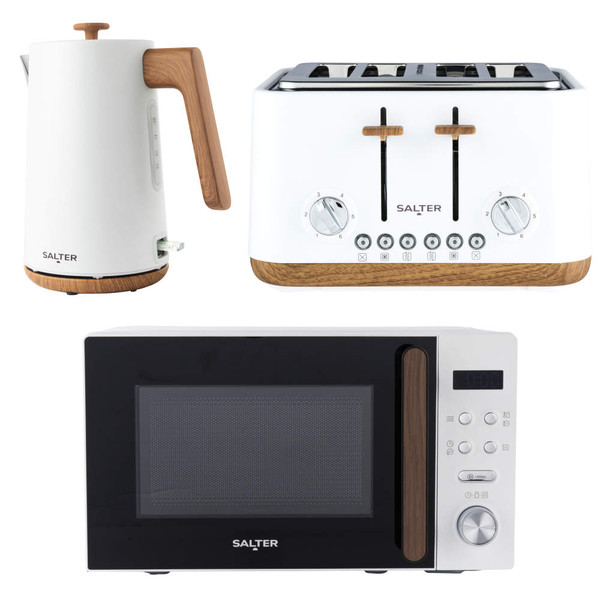 Salter white kettle, 4-slice toaster, and microwave set with wood-effect accents