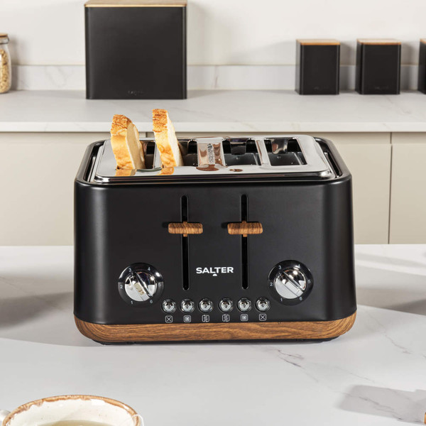 Black microwave with wood effect handle, front view showing control panel and buttons