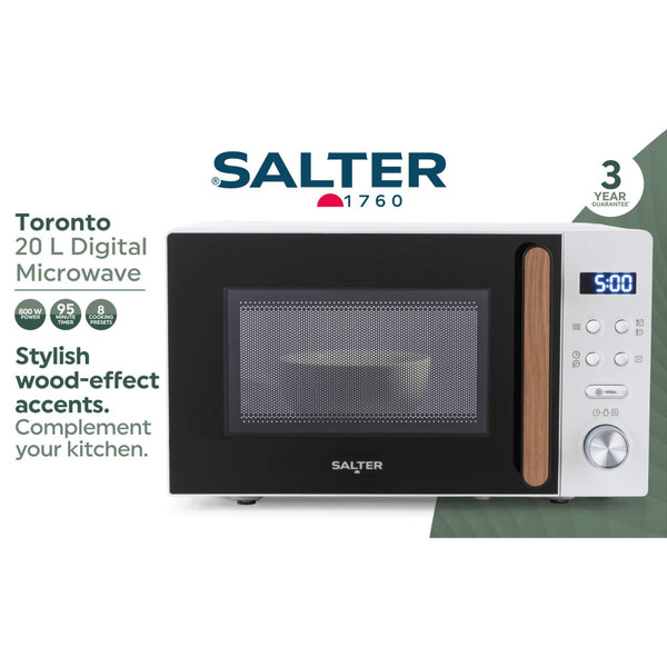 Salter Toronto 20L digital microwave with wood-effect accents, white and black, front view