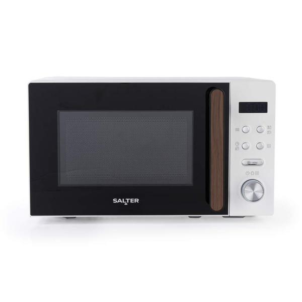 White microwave oven with black door, wood-effect handle, and silver control panel