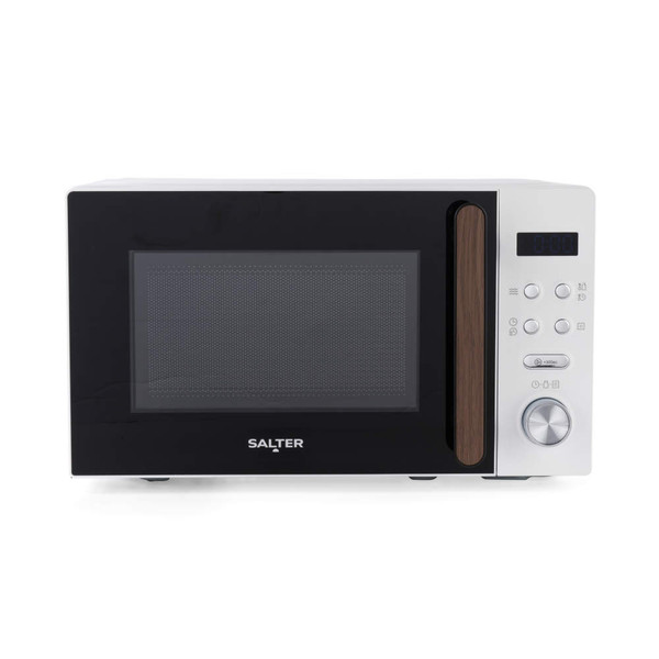 White microwave oven with black door, wood-effect handle, and silver control panel