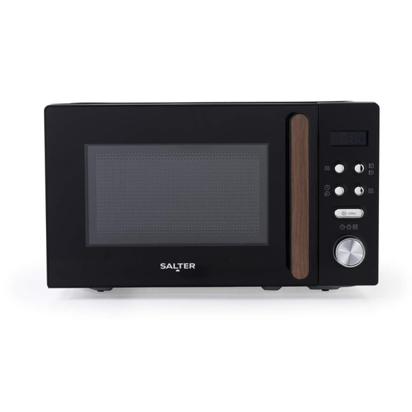 Black microwave oven with wood-effect handle and digital controls, front view