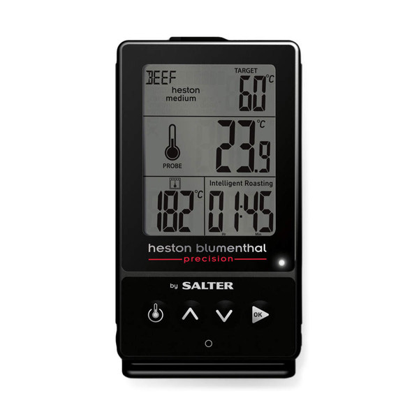 Digital meat thermometer with LCD screen showing cooking settings and temperatures