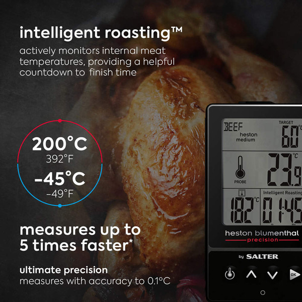 Promotional image showing Salter intelligent meat thermometer with beef, highlighting 5x faster accurate roasting.